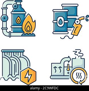 RGB-Farbsymbole für die Energieproduktion eingestellt. Erdgasförderung, Erdölraffinerie, Wasserkraftwerk und Wärmerückgewinnungssystem. Isolierter Vektorillus Stock Vektor