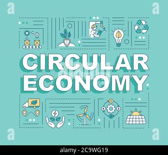 Circular Economy Wort Konzepte Banner. Umweltfreundliche Produktion. Bewusster Konsum. Infografiken mit linearen Symbolen auf türkisfarbenem Hintergrund. Isolierte Typografie Stock Vektor