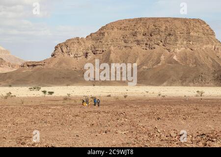 Zwei Koch-/Buntwäsche und Traktor auf einem Feld. Israel, 12-05-2018. Stockfoto