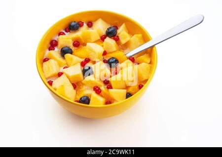 Gesundes Frühstück in einer Schüssel mit Joghurt Milch frische Früchte Heidelbeeren, Apfel, Pfirsich, Trauben, Samen und Müsli Stockfoto