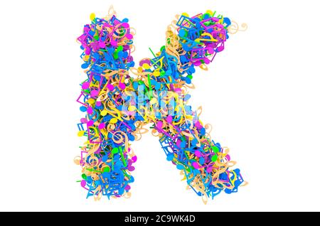 Buchstabe K aus farbigen Noten. 3D-Rendering auf weißem Hintergrund isoliert Stockfoto