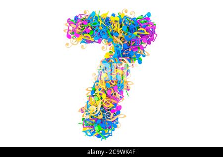 Nummer 7 aus farbigen Noten. 3D-Rendering auf weißem Hintergrund isoliert Stockfoto