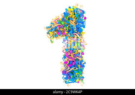 Nummer 1 aus farbigen Noten. 3D-Rendering auf weißem Hintergrund isoliert Stockfoto