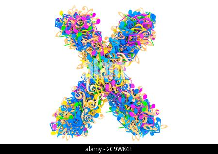 Buchstabe X aus farbigen Noten. 3D-Rendering auf weißem Hintergrund isoliert Stockfoto