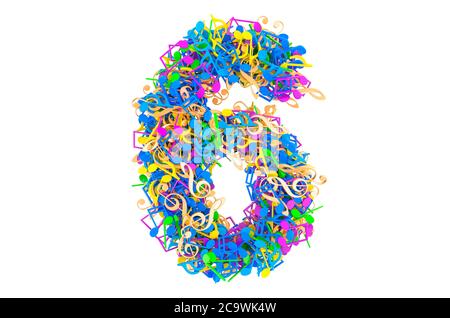 Nummer 6 aus farbigen Noten. 3D-Rendering auf weißem Hintergrund isoliert Stockfoto