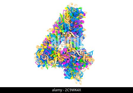Nummer 4 aus farbigen Noten. 3D-Rendering auf weißem Hintergrund isoliert Stockfoto