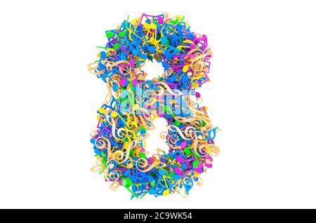 Nummer 8 aus farbigen Noten. 3D-Rendering auf weißem Hintergrund isoliert Stockfoto