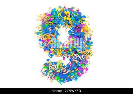 Nummer 9 aus farbigen Noten. 3D-Rendering auf weißem Hintergrund isoliert Stockfoto