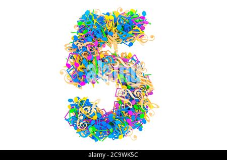 Nummer 5 aus farbigen Noten. 3D-Rendering auf weißem Hintergrund isoliert Stockfoto