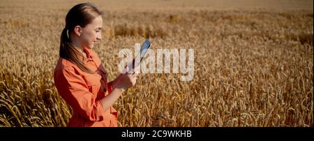 Frau kaukasische Technologin Agronomin mit Tablet-Computer auf dem Gebiet der Weizenprüfung Qualität und Wachstum von Kulturen für die Landwirtschaft. Landwirtschaft Stockfoto