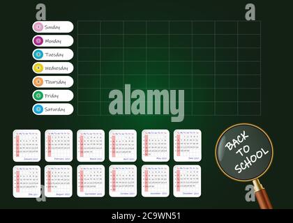Schulwöchentplaner mit klarem Kalender für 2021 Jahr. Alles ist auf dem grünen Kreidetafel Hintergrund. Stock Vektor