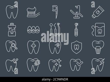 Zahnarztsymbole Eingestellt. Zahnärztlich Bezogene Vektorlinien-Symbole Gesetzt. Stock Vektor
