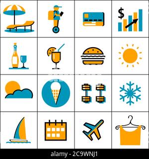 Satz von farbigen Symbolen zum Thema Urlaub und Reisen. Stock Vektor