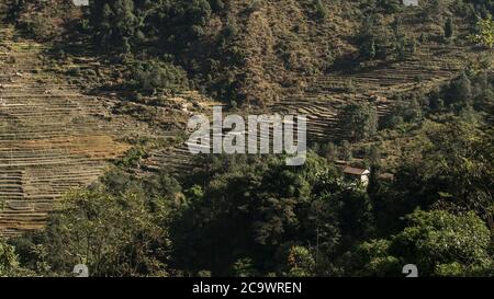 Blick über Hütten und terrassierte Reisfelder auf Annapurna Circuit in Nepal Stockfoto