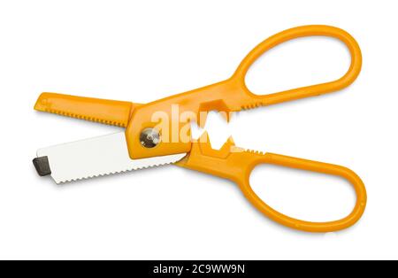 Gelbe Kunststoff-Gartenschere isoliert auf Weiß. Stockfoto