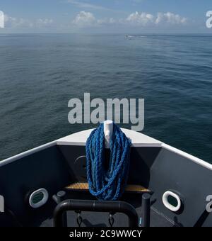 Pensacola, Vereinigte Staaten von Amerika. 02. August 2020. Das Raumschiff SPACEX GO Navigator bereitet sich auf die Rückkehr der Raumsonde SpaceX Crew Dragon Endeavour von der Internationalen Raumstation im Golf von Mexiko vor der Küste von Pensacola, Florida, vor. 2. August 2020. Der Demo-2-Testflug für das NASA Commercial Crew Program führte die Astronauten Robert Behnken und Douglas Hurley zur Internationalen Raumstation und brachte sie sicher an Bord eines kommerziell gebauten und betriebenen Raumschiffs zur Erde zurück. Quelle: Bill Ingalls/NASA/Alamy Live News Stockfoto