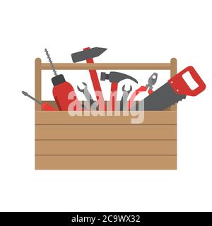 Werkzeugkasten. Es gibt einen Bohrer, Hammer, Säge, Schraubendreher, Schraubenschlüssel, Zange im Bild. Vektorgrafik Stock Vektor