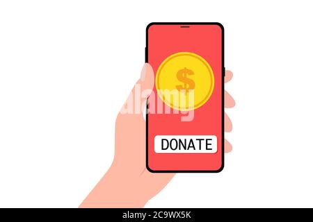 Spenden Online-Konzept auf transparentem Hintergrund. Hand hält Smartphone mit Goldmünze und Taste auf dem Bildschirm. Stock Vektor