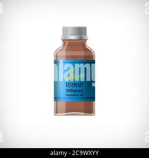 Glasbehälter für essenciales Öl. Symbol für transparente braune medizinische Flasche. Text Rosmarin 100% reines ätherisches Öl. Realistischer Effekt. Glasflasche. Stock Vektor