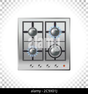 Oberfläche des silbernen Gaskochfeldes mit Gasfeuer. Realistischer 3d Gasherd isoliert auf weißem Hintergrund. Brennerflamme des Hauskochers. Draufsicht. Stock Vektor