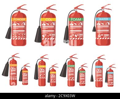 Satz von verschiedenen Typ und Größe Feuerlöscher flache Vektor-Abbildung isoliert auf weißem Hintergrund Brandschutz zuerst Stock Vektor