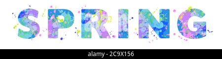 Feder. Vector Typografie Inschrift mit bunten Farbflecken auf weißem Hintergrund, Design für Banner, Flyer, Tag, Dekoration, Poster oder Einladung, Label für Saison Modekollektion. Stock Vektor