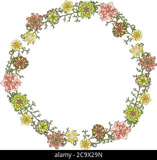 Schöner Kranz mit grünen rosa und gelben Blüten auf weißem Hintergrund Stock Vektor