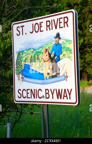 Schild St. Joe River Scenic Byway, St Joe National Forest, Idaho Stockfoto