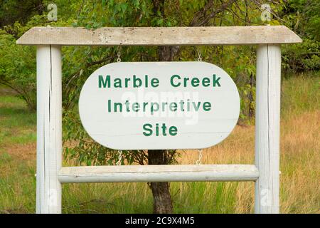 Marble Creek Interpretive Site Schild, St. Joe River Scenic Byway, St. Joe National Forest, Idaho Stockfoto