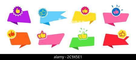 Banner Daumen nach oben, für Text flach Design-Set. Promotion-Marketing-Werbung leere Cartoon-Aufkleber. Empfohlene Tag Label Kollektion, dekorative Verkauf Ikonen, Explosion. Web-Icon-Kit. Isolierter Vektor Stock Vektor