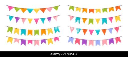 Flagge Girlande Bunting Geburtstagsfeier flach set. Böntgen Wimpel für die Feier, Festival Dekoration. Jahrestag, Feier Party hängen Fahnen Cartoon Sammlung. Isolierte Vektordarstellung Stock Vektor