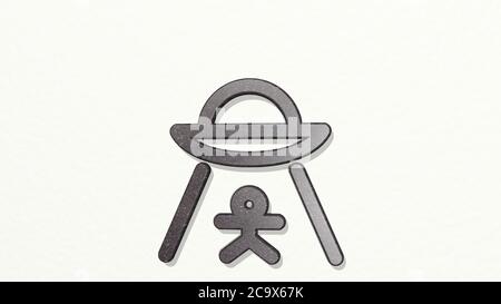 Science Fiction ufo aus einer Perspektive an der Wand. Eine dicke Skulptur aus metallischen Materialien von 3D-Rendering. Illustration und Hintergrund Stockfoto