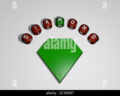 3D-Grafik-Bild von Diamant vertikal zusammen mit Text um das Symbol von metallischen kubischen Buchstaben aus der oberen Perspektive gebaut, ausgezeichnet für das Konzept Präsentation und Diashows. Hintergrund Stockfoto