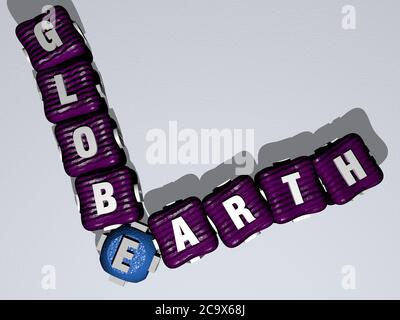 Kreuzworträtsel des ERDGLOBUS angeordnet durch kubische Buchstaben auf einem Spiegelboden, Konzept Bedeutung und Präsentation. Illustration und Hintergrund. 3D-Illustration Stockfoto