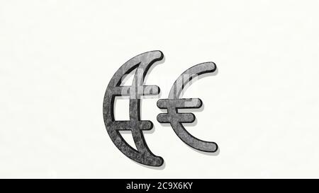 WÄHRUNG EURO INTERNATIONAL an der Wand. 3D-Illustration von metallischen Skulptur auf einem weißen Hintergrund mit milder Textur. Business und Konzept Stockfoto
