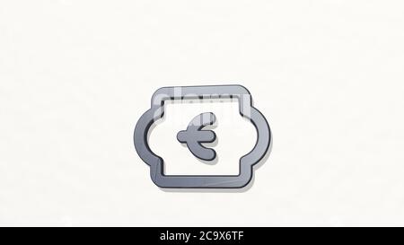 Währung Euro Rechnung an der Wand. 3D-Illustration von metallischen Skulptur auf einem weißen Hintergrund mit milder Textur. Business und Konzept Stockfoto