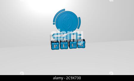 3D-Darstellung von Stecker mit Symbol an der Wand und Text angeordnet durch metallische kubische Buchstaben auf einem Spiegelboden für Konzept Bedeutung und Diashow-Präsentation. Illustration und elektrisch Stockfoto