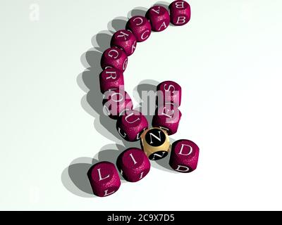 Kreuzworträtsel von Zeilen Hintergrund angeordnet durch kubische Buchstaben auf einem Spiegelboden, Konzept Bedeutung und Präsentation. Abstract und Illustration. 3D-Illustration Stockfoto