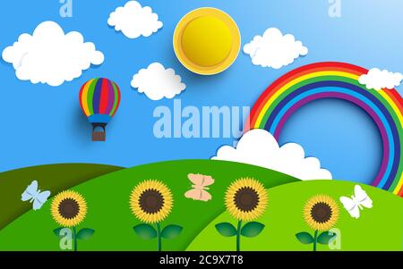 Landschaft von Sonnenblumen Feld mit grünen Berg und Regenbogen Papier Kunst Stil Stock Vektor