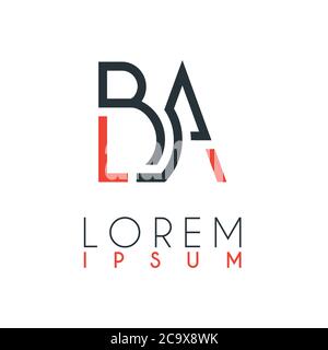 Das Logo zwischen dem Buchstaben B und dem Buchstaben A oder BA mit einem bestimmten Abstand und durch orange und graue Farbe verbunden Stock Vektor