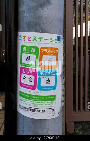Ein Schild auf einer Straße, auf dem die Recycling-Sammeltage auf Japanisch und Englisch erklärt werden. Tokio, Japan. Stockfoto