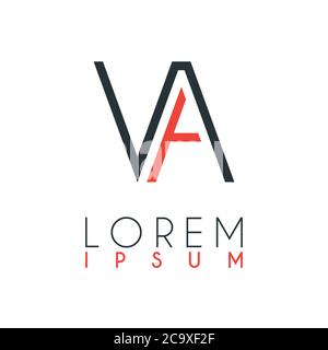 Das Logo zwischen dem Buchstaben V und dem Buchstaben A oder VA mit einem bestimmten Abstand und durch orange und graue Farbe verbunden Stock Vektor
