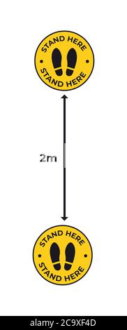 Warnschild für soziale Distanzierung Coronavirus Pandemieschutz Maßnahmen Konzept stehen hier gelb rund Aufkleber vertikale Vektor Illustration Stock Vektor