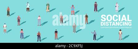 Mix Rasse Menschen halten Abstand zu verhindern Coronavirus Pandemie soziale Distanzierung Konzept horizontale voller Länge isometrischen Vektor Illustration Stock Vektor