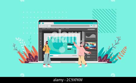 Designer paar arbeiten mit Grafik-Editor auf Laptop-Bildschirm kreative Content-Konfiguration Design-Konzept horizontale volle Länge Vektor-Illustration Stock Vektor