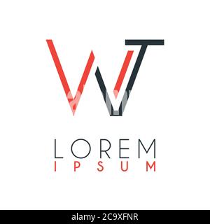 Das Logo zwischen dem Buchstaben W und T oder WT mit einem bestimmten Abstand und durch orange und graue Farbe verbunden Stock Vektor