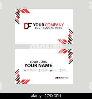 Visitenkartenschablone in schwarz und rot. Mit flachem und horizontalem Design sowie dem DF-Logo Letter auf der Rückseite. Stock Vektor
