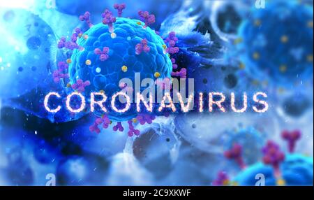 Inschrift Coronavirus auf Virushintergrund. 3d-Illustration Stockfoto