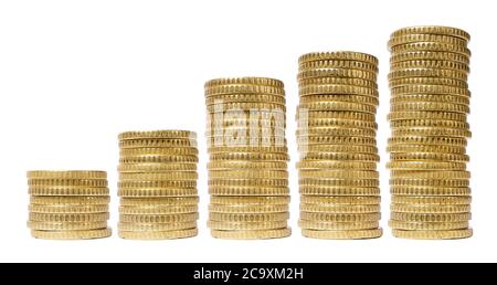 Stapel-Diagramm von Goldmünzen isoliert auf weißem Hintergrund Stockfoto