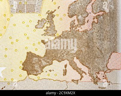 Nahaufnahme der Karte europa auf der Rückseite der 50-Euro-Banknote Stockfoto